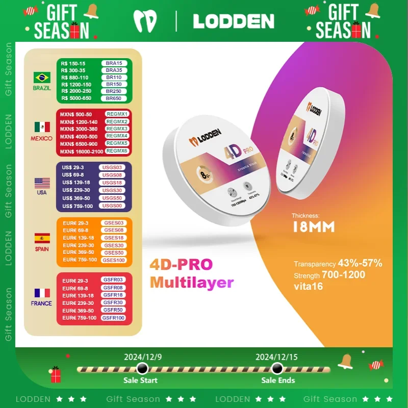 Blocco di zirconio per laboratorio odontoiatrico 4D Pro 98*18mm per corona CAD CAM dentale Trasparenza 43-57% Resistenza 700-1200 VITA 16 e BL1-4 e