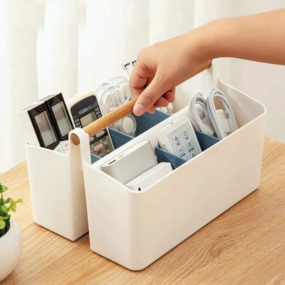 

Plastic Desk Storage Organizer Portable Detachable Pen Holder Divided Compartments with Wooden Handle Desk Stationery Box