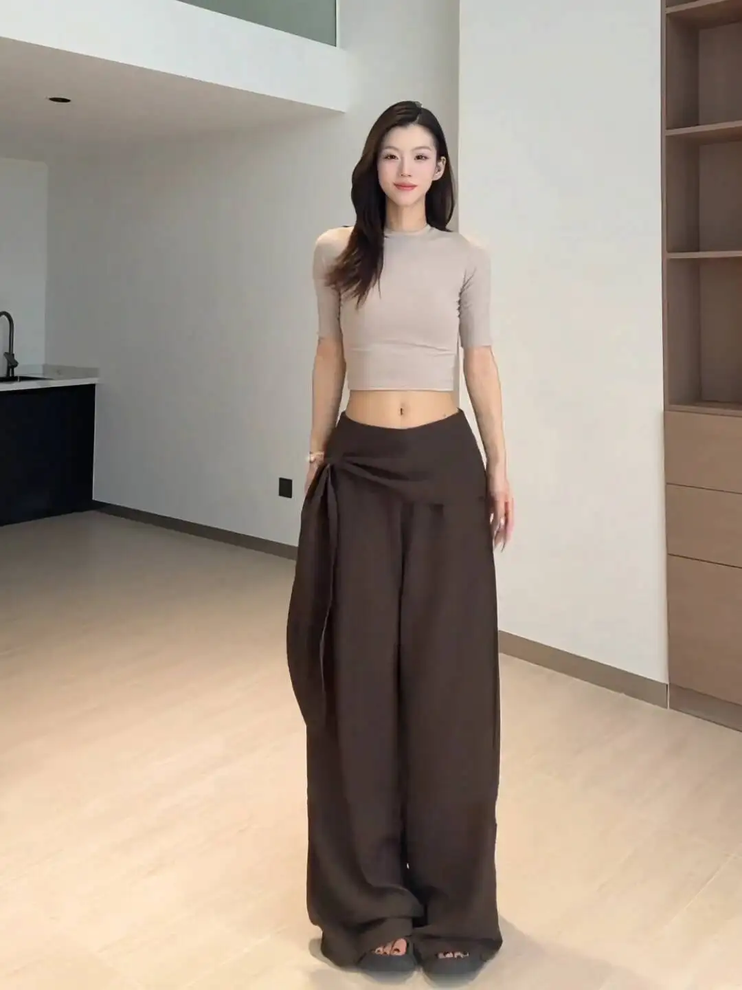 Plus Size 4XL Women's Autumn Maillard Coffee Wide Leg Pants High Waist Drawstring Loose Hip Hiding Casual Pants with Relaxed Fit