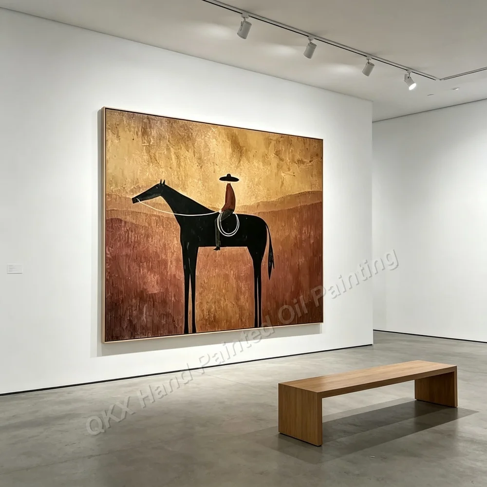 Hand Painted Abstract Oil Painting - Mid-Century Western Theme with Two Cowboys Equine Artwork for Home Living Room And Bedroom
