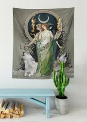 Painted Moon Goddess Art Hecate Tapestry Moon And Wolves Tapestry Witchy Art Black And White Gothic Art