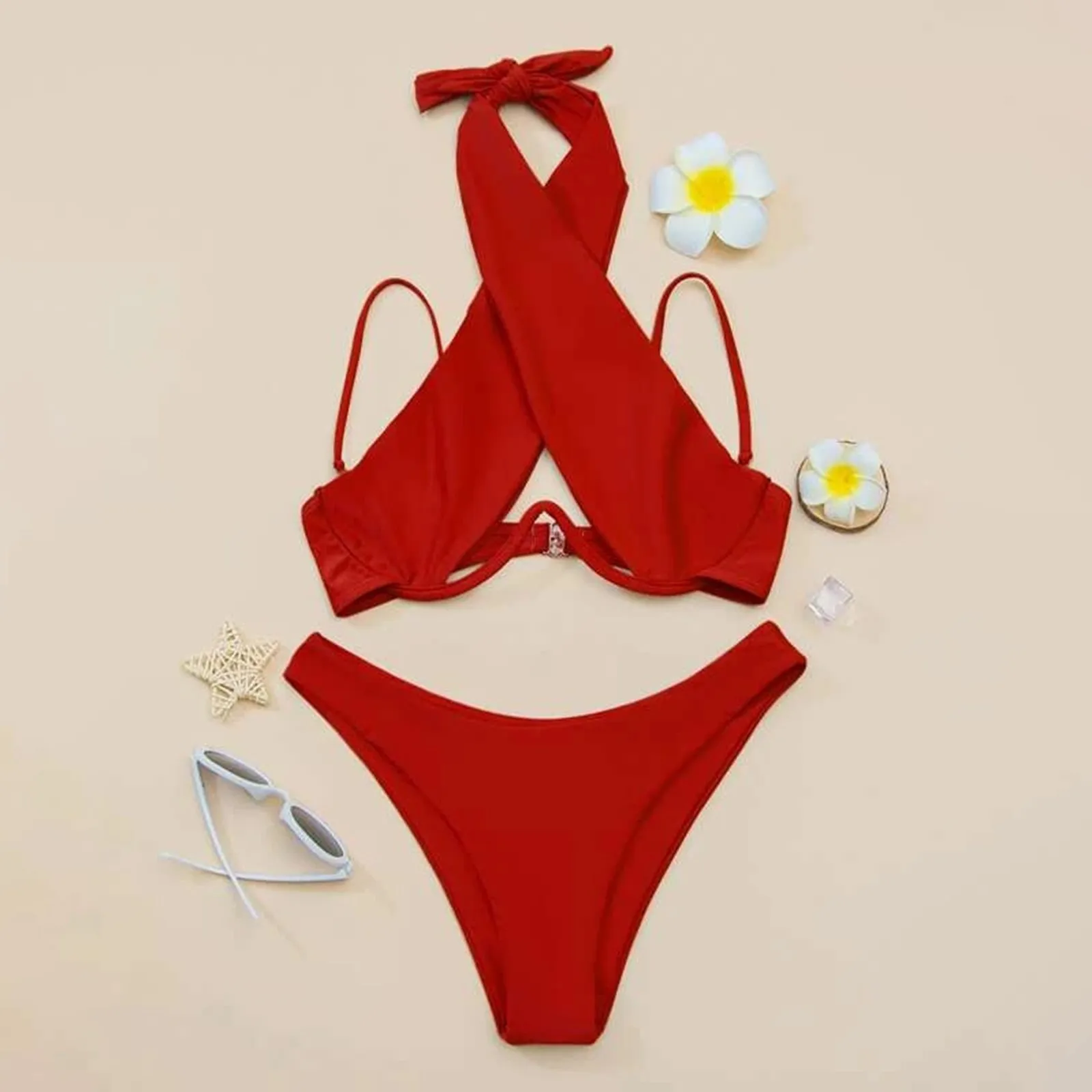 Female Swimsuit Sexy halter Underwired V-Bar Bikini Women Swimwear Two-pieces Bikini set Female hollow Bathing Swimming Suit