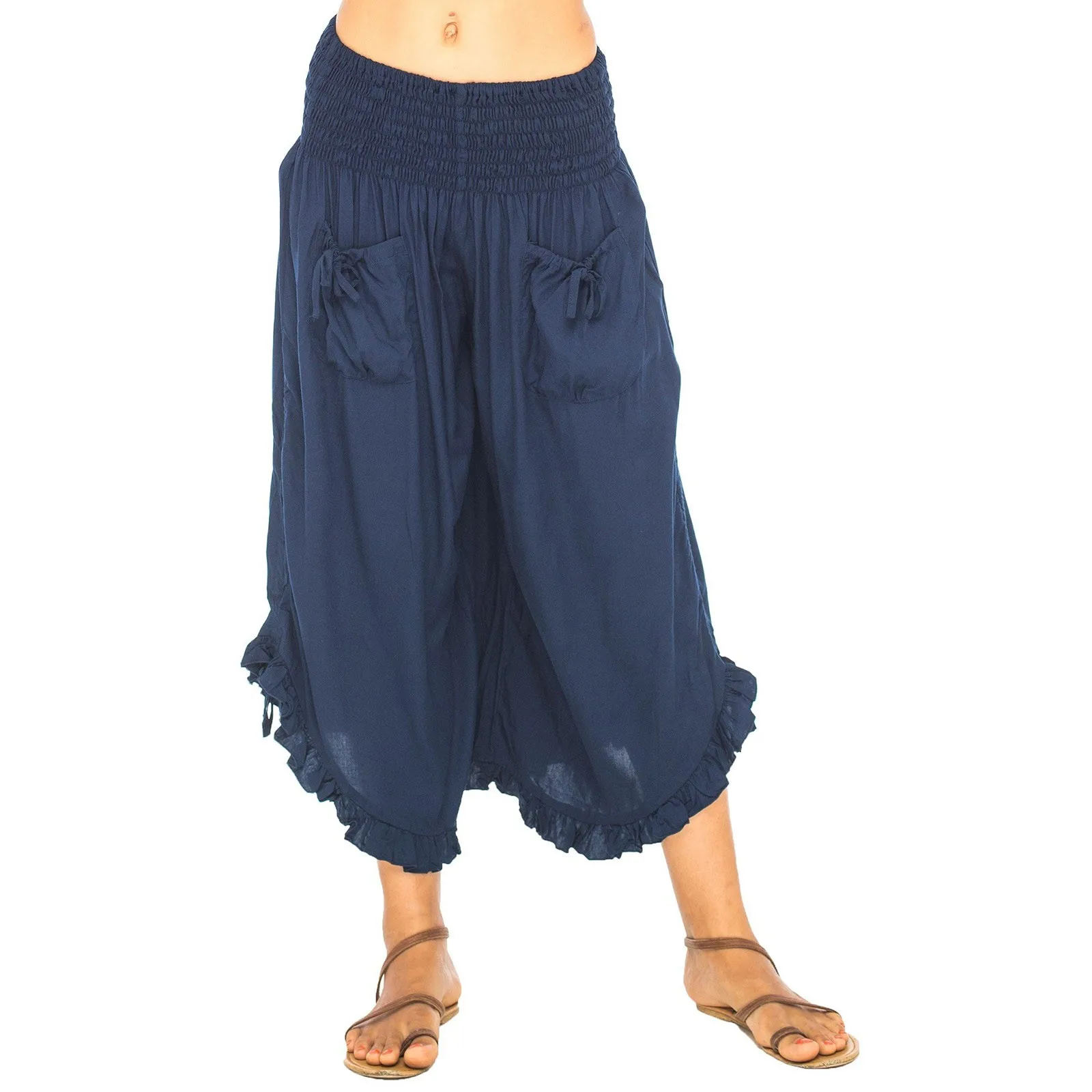 Casual Cropped Baggy Pants Women Vintage Oversized Comfort Elastic Waist Pants Streetwear Female Ruffle Wide Leg Trousers