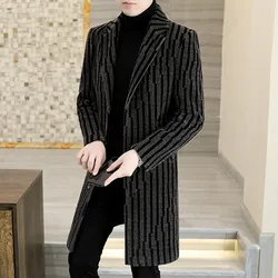 2023 Winter Splicing Stripes Woolen Jackets Men Brand Casual Business Long Trench Coat Thicken Warm Overcoat Social Men Clothing