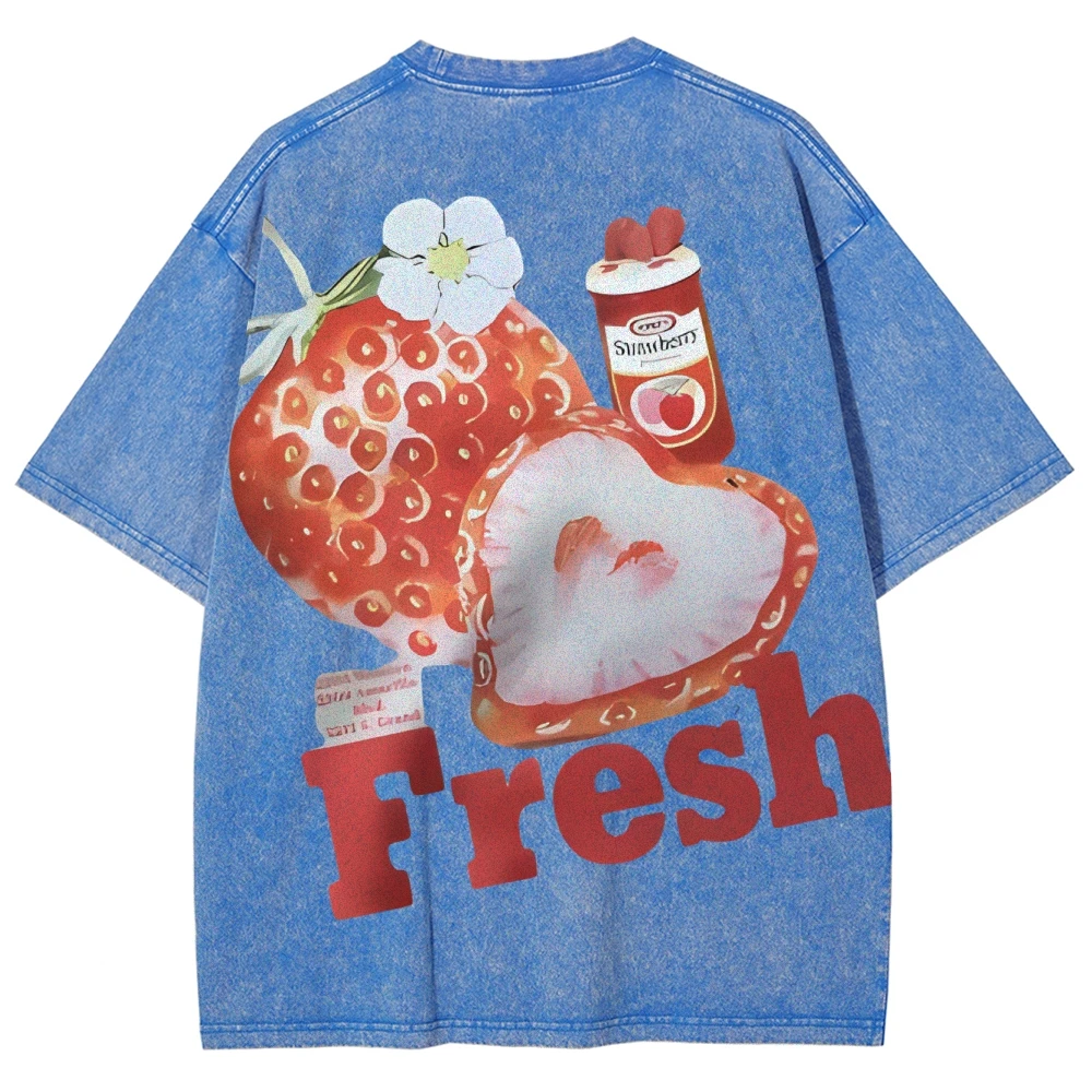 Pandas Cartoon Strawberry Pattern Quality Oversized Acid Washed Y2K Women Men Vintage  Streetwear Mineral Wash T-shirts - Image 4