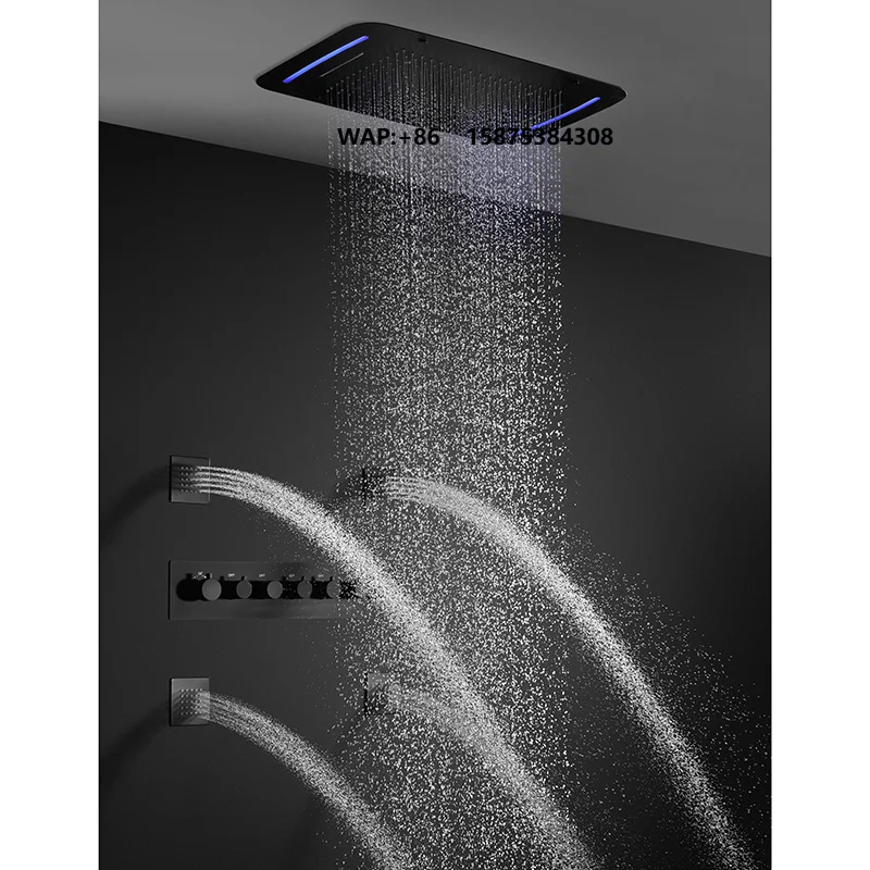 Newest  Matter Black Shower System Bathroom Ceiling Thermostatic Led Shower Set with Body Jet
