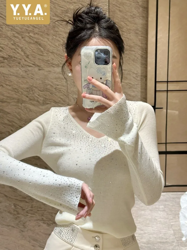 Office Ladies V-Neck Slim Fit Tops Long Sleeve Knitted T-shirts Pullover One Size T-shirt Tees Solid Color Diamond Knitwear