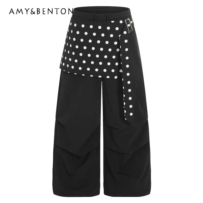 

Korean Design Polka Dot Butt Curtain SplicingWomen's Wide-Leg Pants Autumn Winter Fleece-Lined Warm Loose Slimming Trousers Girl