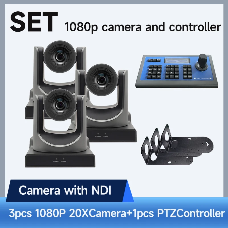 3PCS NDI 1080p20X Zoom Auto focus PTZ Camera 60FPS  with PoE HDMI SDI USB for Live Streaming and 1pcs 3D PTZ Controller