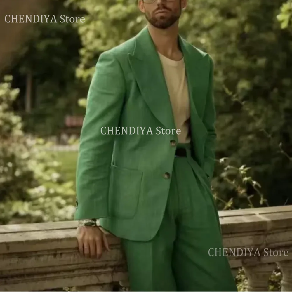 Frische grüne Herrenanzüge mit spitzem Revers, klassisch, einreihig, Business-Casual, 2-teilige Jacke, Hose, High Street, tägliche Kostüme, Homme