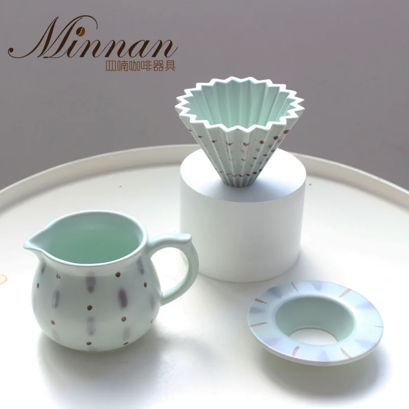 Celadon Purple Cloud Hand Painted Coffee Dripper Set, Origami Filter Cup with Holder, Manual Pour Over Espresso Server Pot