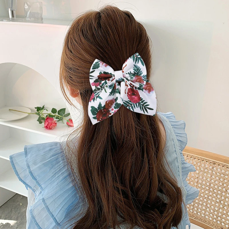 5 Inches Flower Bows Clip Printed Cotton Linen Boutique Women Hairpins Girls Children Plaid Hair Clip Barrettes Hair Accessories