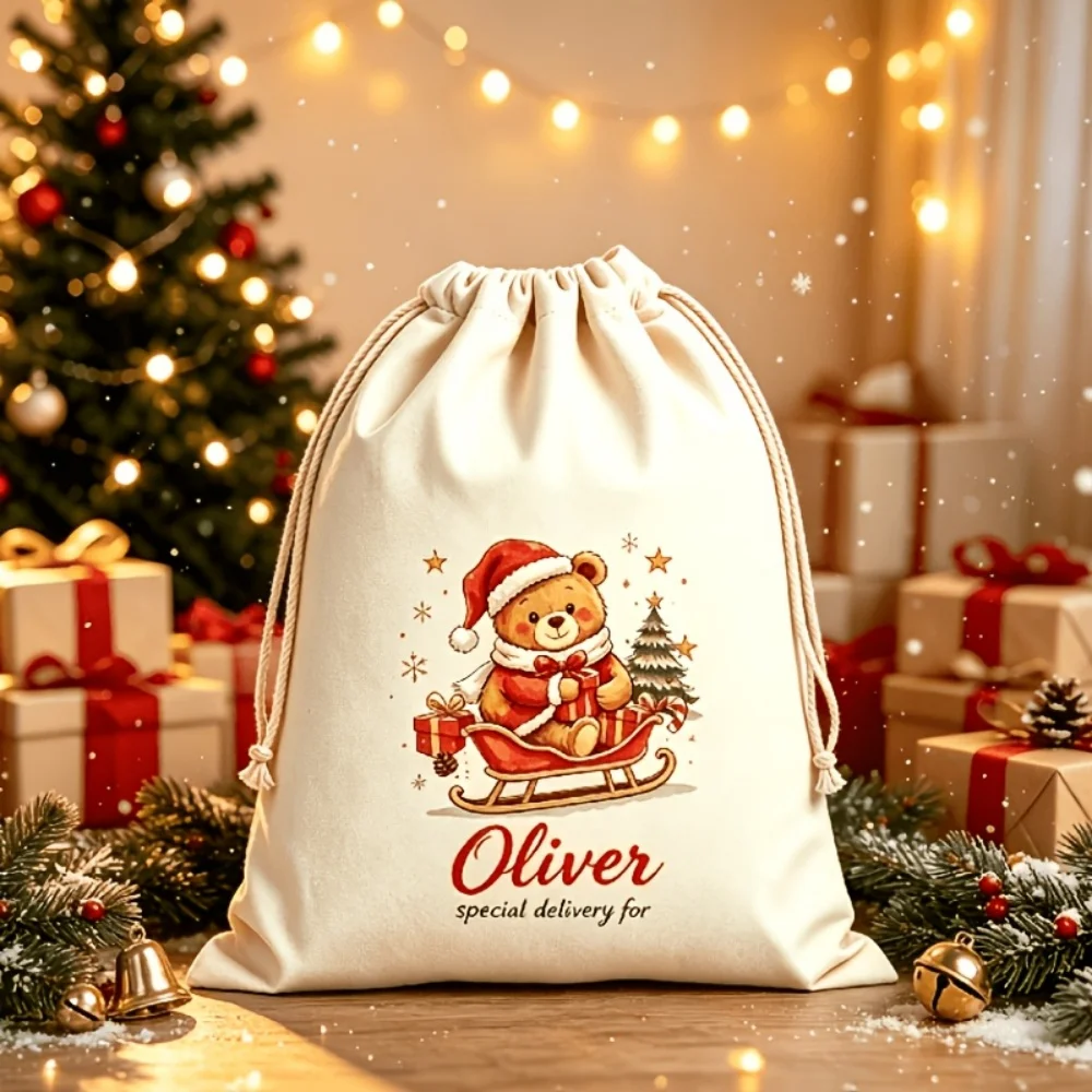 1Pc Custom Name/Text Christmas Bear Imitation Hemp Drawstring Gift Bag, Xmas Holiday Gift Packing Storage Pouch, Party Candy Bag