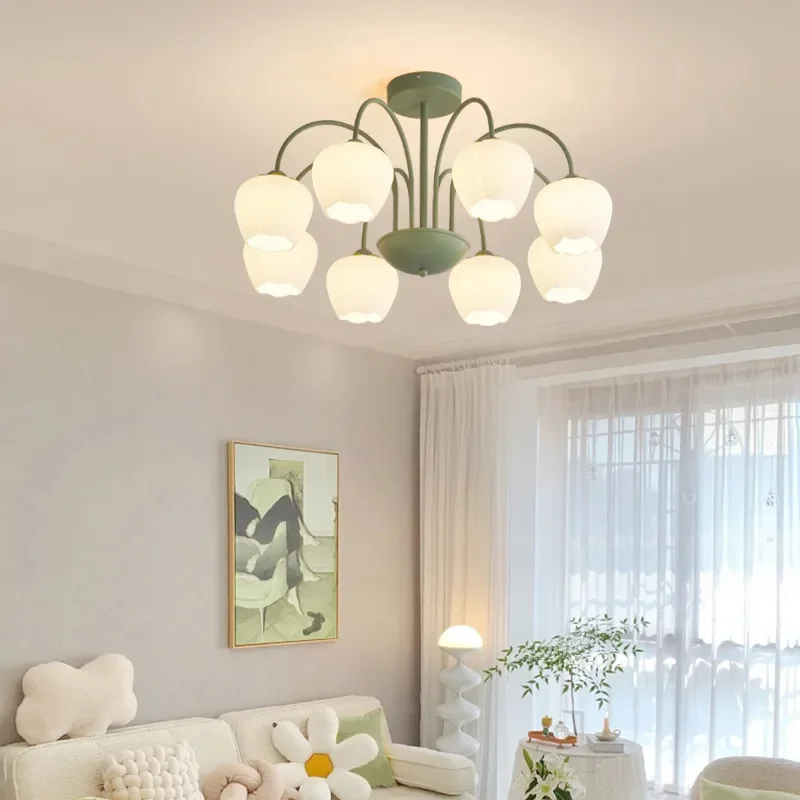 Full Spectrum Eye Protection Cream Wind Chimes Blue Chandelier Fresh Simple Romantic Flower Room Lamp Metal Glass Shape