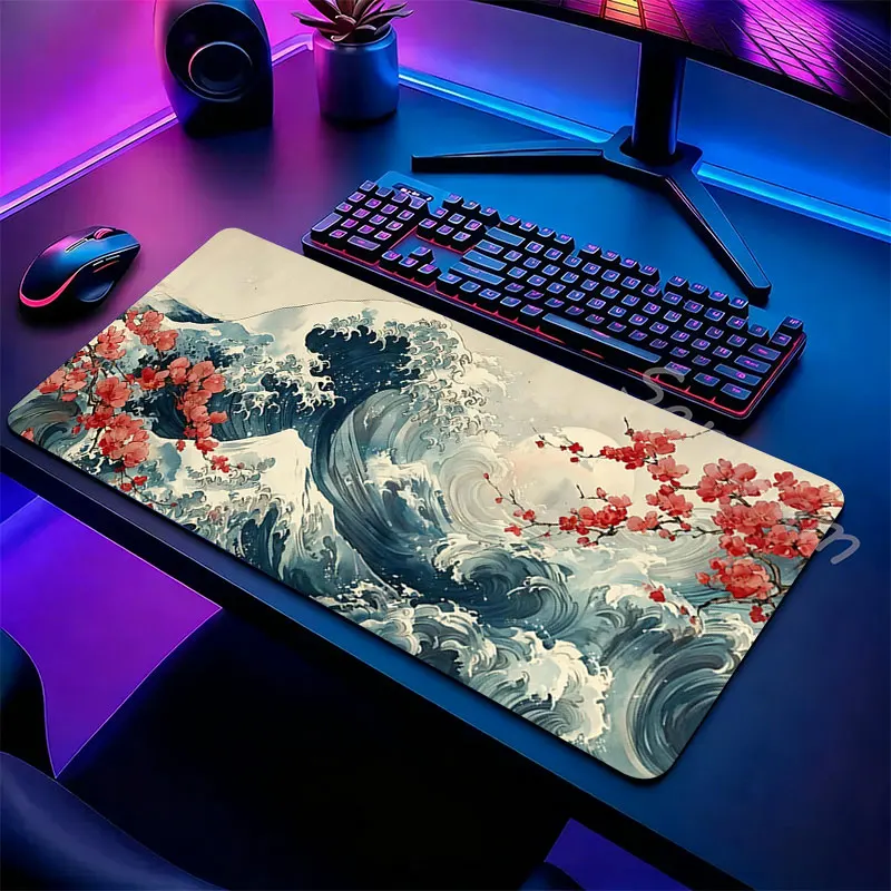 Großes Mauspad 90x40cm 70x30cm Japanisches Wellendesign Schreibtischunterlage Rutschfeste Gummi-Büro-Computer-Tastatur-Mausmatte Schreibtischzubehör