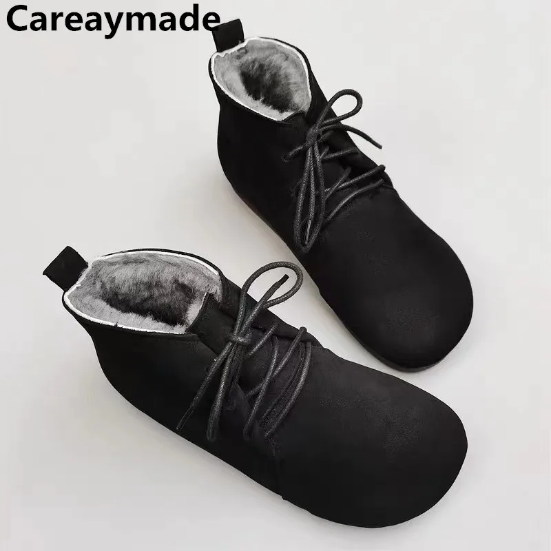 Careaymade-Genuine leather women\'s shoes flat soft TPR sole single shoes original handmade man\'s wool warm short boots big size