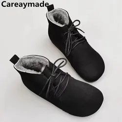 Careaymade-Genuine leather women's shoes flat soft TPR sole single shoes original handmade man's wool warm short boots big size