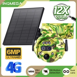 Câmera Solar de Caça Camouflage, Lente Dupla, Bateria Alimentada, Detecção Humana PIR, 4G Sim, Zoom 12x, 6MP