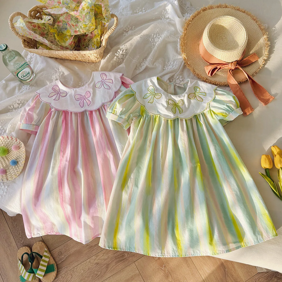 

Doll Collar Bow Embroidered Short Sleeved Girls' Dress 2025 Summer Korean Version Children Colorful Striped Sweet Princess Dress