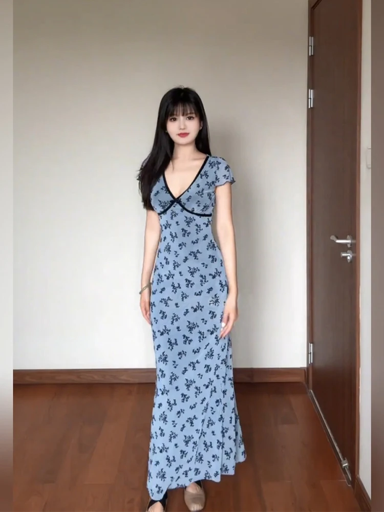 

XZY Sexy V-Neck Floral Print Dress Women's Summer Slim Fit High Waist Long Skirt Micro plus Size Spicy Girl Commute Style