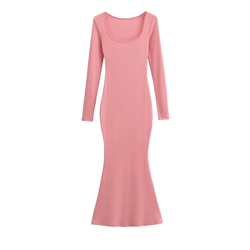 فستان طويل بخصر مرتفع وأكمام طويلة وياقة دائرية منخفضة بلون واحد وقماش مطاطي بتصميم ذيل السمكة، تنورة طويلة نسائية، طراز الشا...