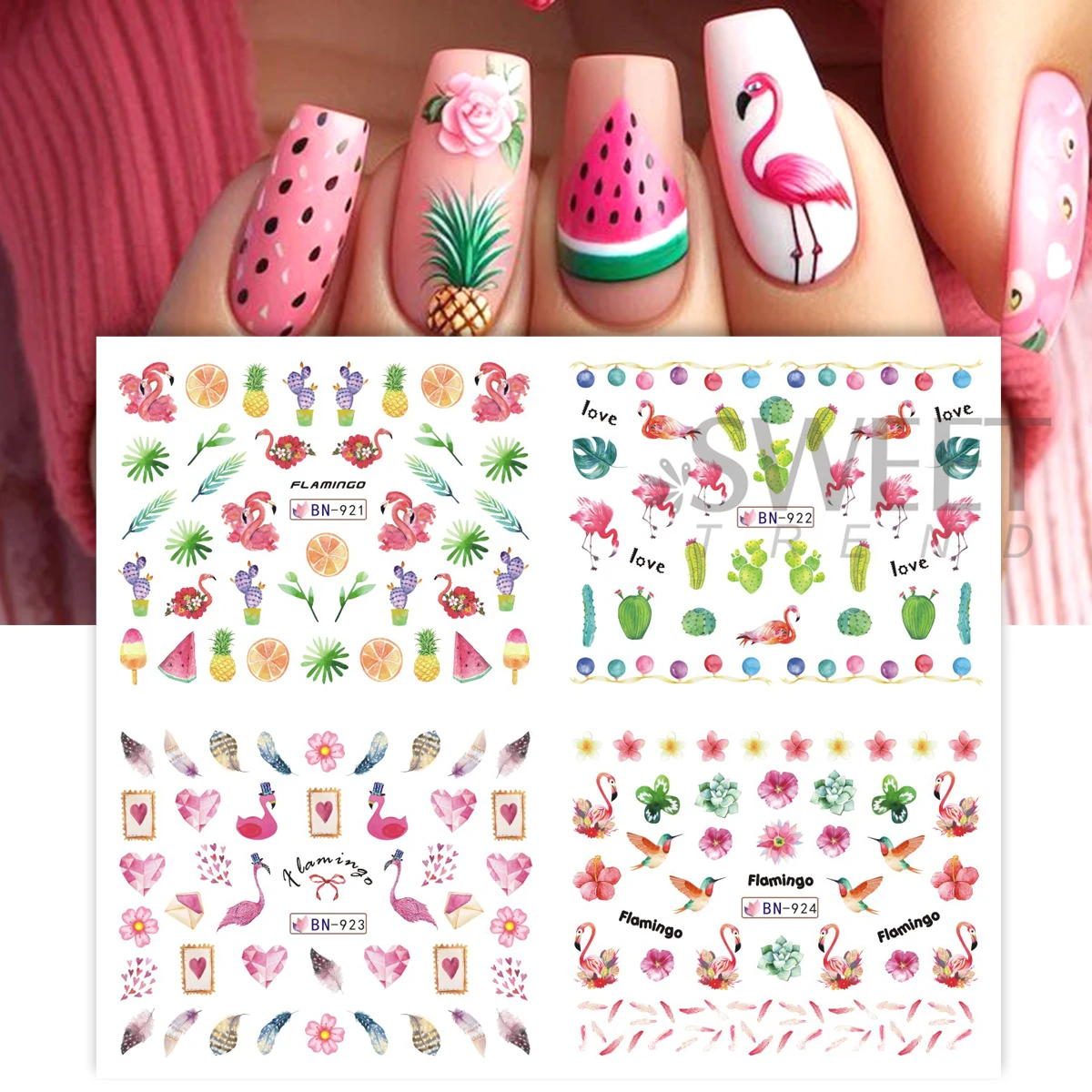12 wzorów romantycznych różowych naklejek na paznokcie z flamingami, liśćmi palm, arbuzami i kwiatowymi motywami, samoprzylepne naklejki do samodzielnego manicure i zdobienia paznokci.