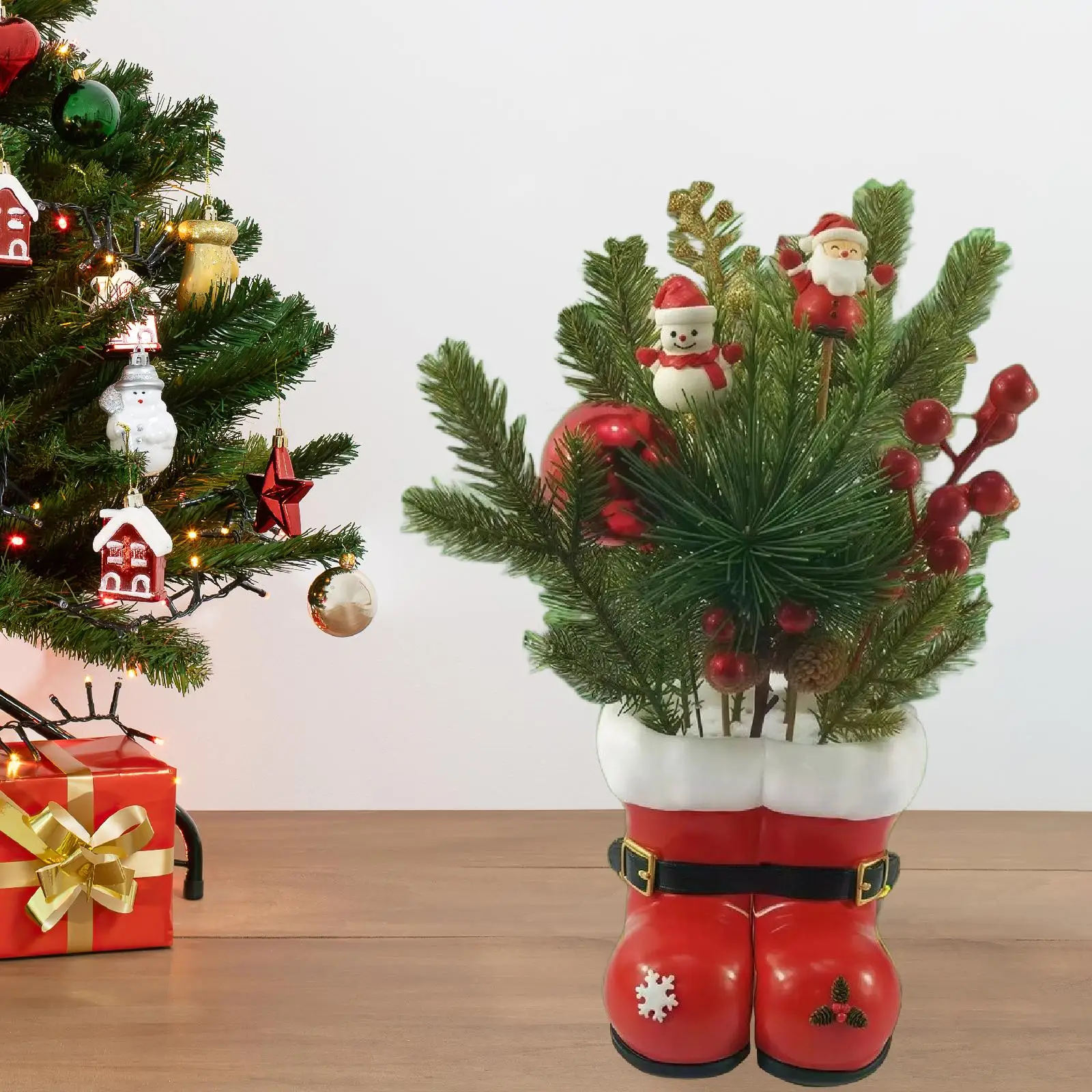 Resin Red Boot Flower Vase Planter Decorative Container for Table Living Room Christmas Home Festival Gift