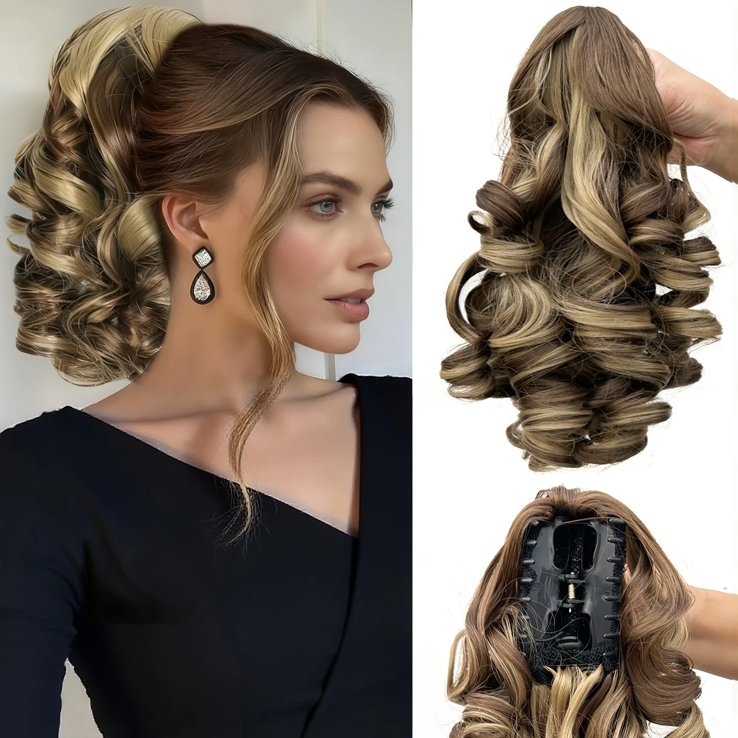 10-inch Short Curly Mixed Color Clip-on Ponytail Synthetic Wig, European and American Fashion Wig Braid