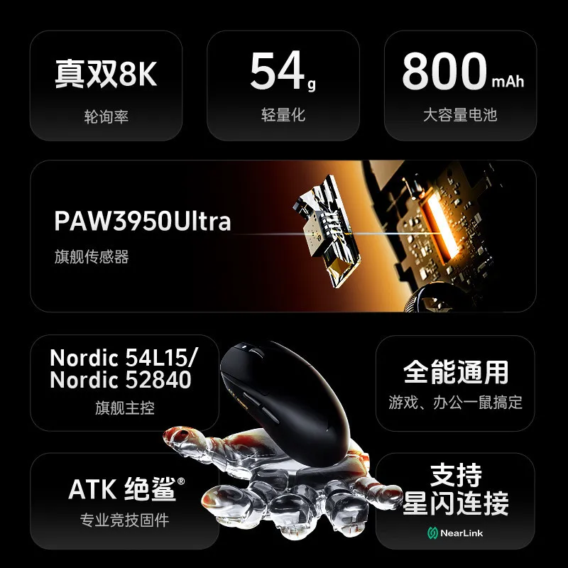 ATK Dragonfly A9 Pro Tri-mode Wireless Gaming Mouse PAW3950 Ultra 54g Lightweight Symmetrical 8K Polling Rate Ice Coating Mice