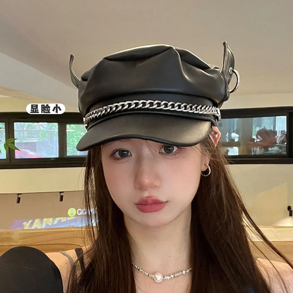

2025 Y2K pu leather Solid Color duckbill cap Women Spring and Summer Retro Literary Painter Newsboy hip hop Cloud Cap Gorras