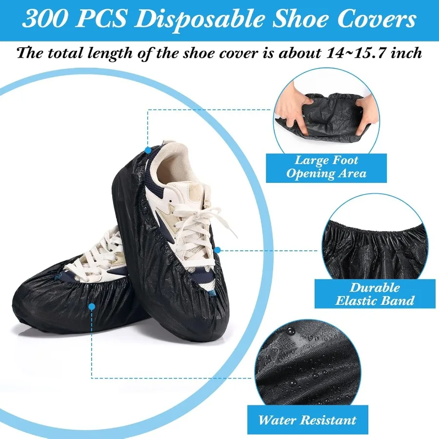 300 Pcs Black Disposable Waterproof Shoe Covers with 1 Pcs Indoor Foldable Storage Box for Home Entryway Kitchen Bathroom and C