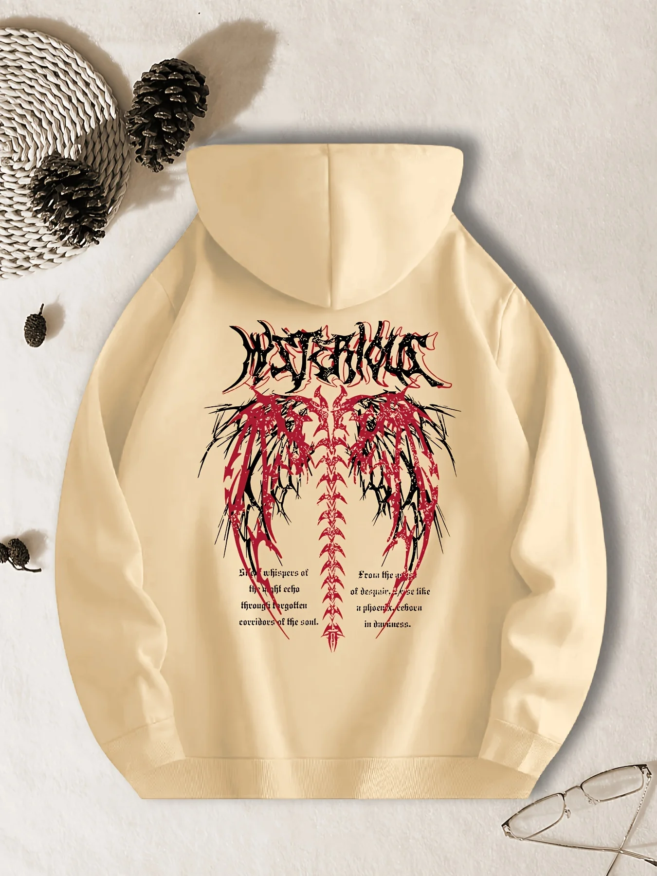 Goth dark punk men's hooded sweatshirt with distressed thorn-winged devil pattern, casual sporty everyday fleece hooded shirt.