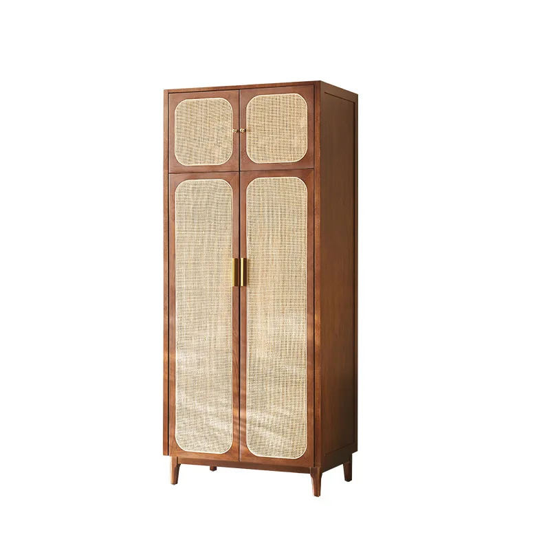 LMM Nordic solid wood wardrobe home retro bedroom modern simple small apartment rattan double door wardrobe