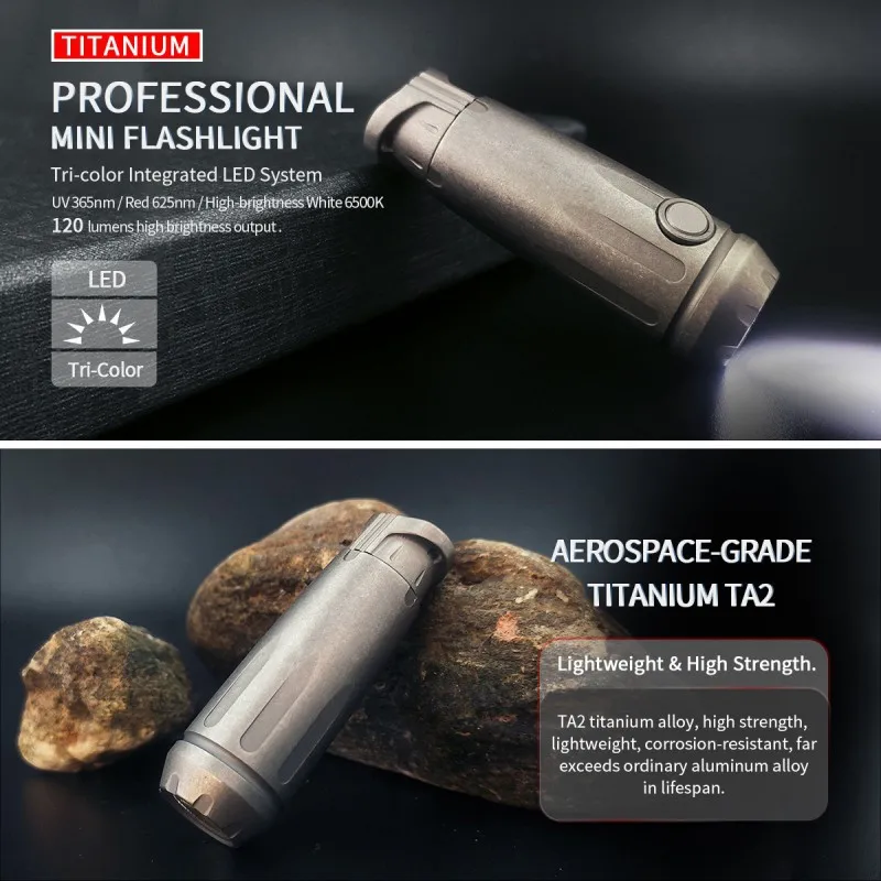 سبائك التيتانيوم مصباح يدوي صغير للتخييم في الهواء الطلق الصيد تنزه 120 التجويف عالية الكثافة مقاوم للماء قابلة للشحن EDC مصباح يدوي #3