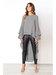 Elegant Solid Color Chiffon Shirts Women O Neck Lantern Sleeves Irregular Long Blouses Tops Temperament Lady Commuting Clothing