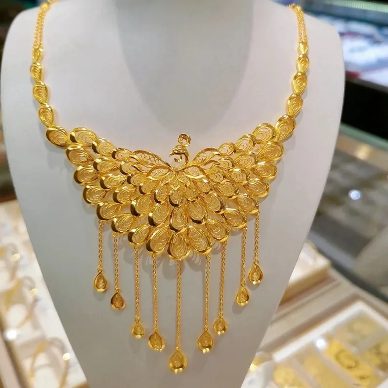 

Peacock Gold Plated Bridal Set Traditional Chinese Wedding Jewelry Pig Pendant Dragon Phoenix Bracelets Complete Gift Collection
