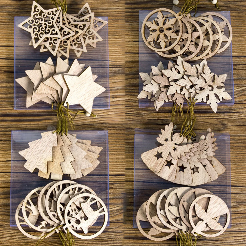 12PCS Christmas Wooden Pendants No Box Hallow Star/Angel/Tree Ornaments Home Xmas Tree Hanging Decoration Kids Gift Supplies