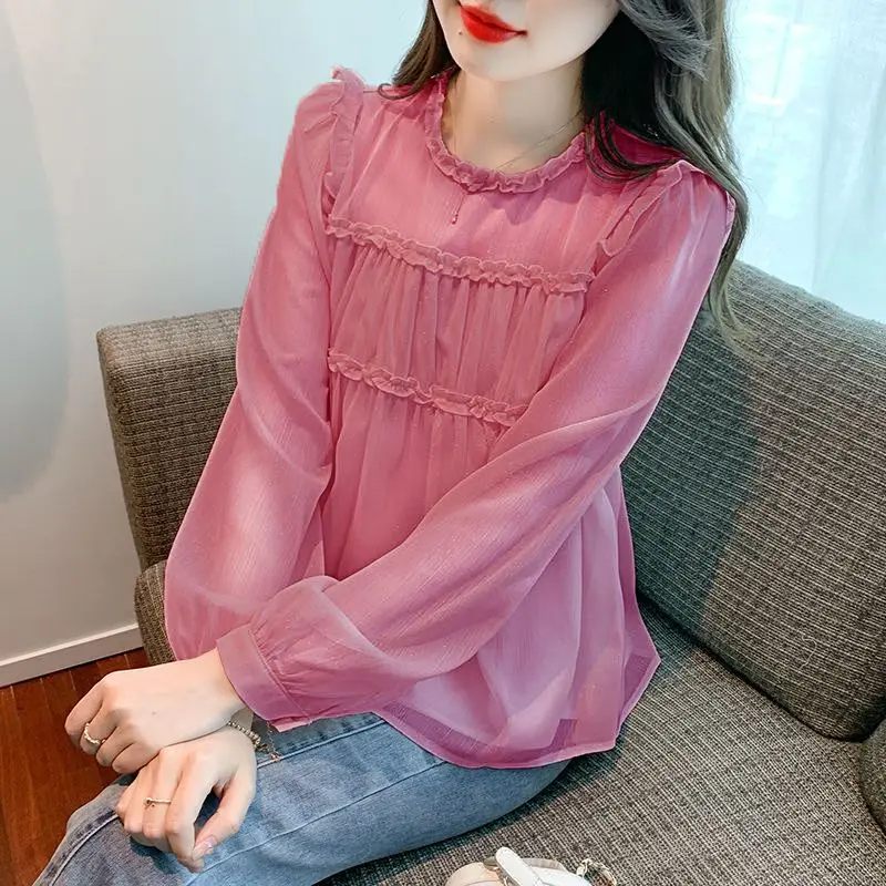 

Female Casual All-match Solid Color Round Neck Chiffon Shirt Autumn Korean Folds Spliced Long Sleeve Blouse Women's Clothing