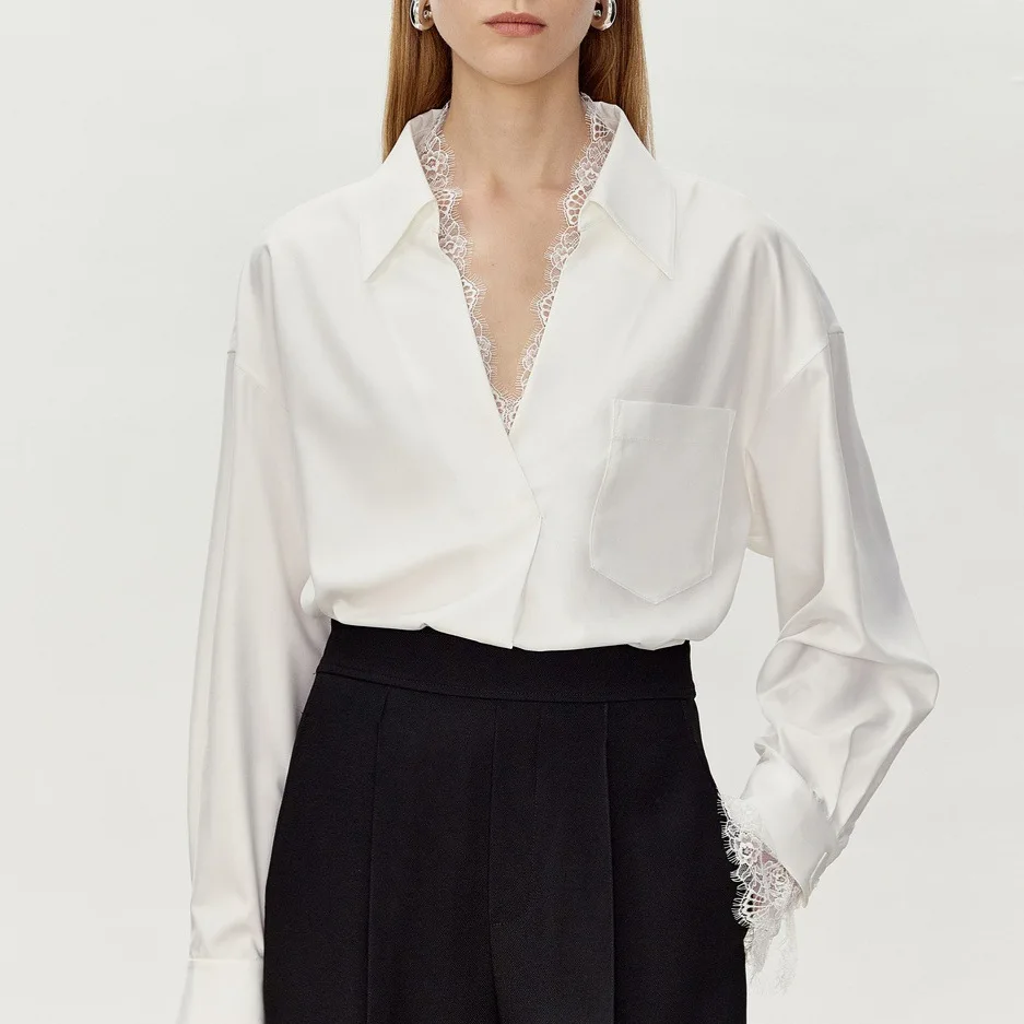 

Lace Insert V-Neck Blouse Women's Tailored Office Shirt Unique Design Straight Fit Summer Top