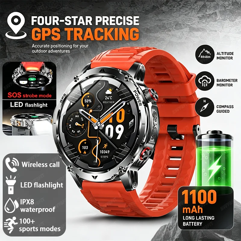 2026 New 1100mAh Battery Smart Watch GPS trajectory IPX8 Waterproof Sports Run tracker Outdoors Compass Military Men Smart Watch