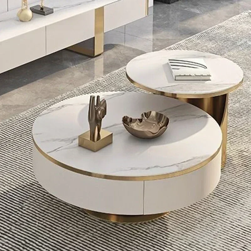 2pcs Modern Gold White Round Marble Slab Coffee Table Set Wooden Furniture Luxury Center Table For The Living Room