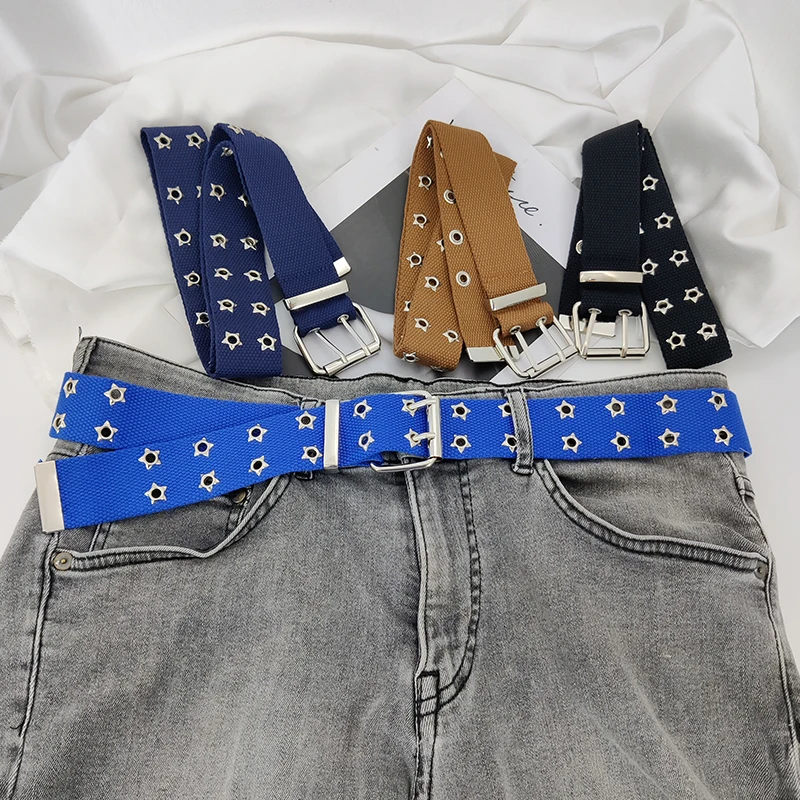 Unisex All-Hole Jeans Punk Rock Belt Female Goth Canvas Man Belts For Women Brow Aesthetic Long Students Girls Boys Waistband