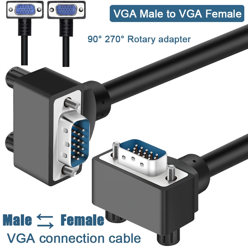 VGA Up Down Side Angled Plug L Shape VGA Cable 1080P Full HD Computer Monitor Cable Male to Female Extende VGA Cord Flat Wire