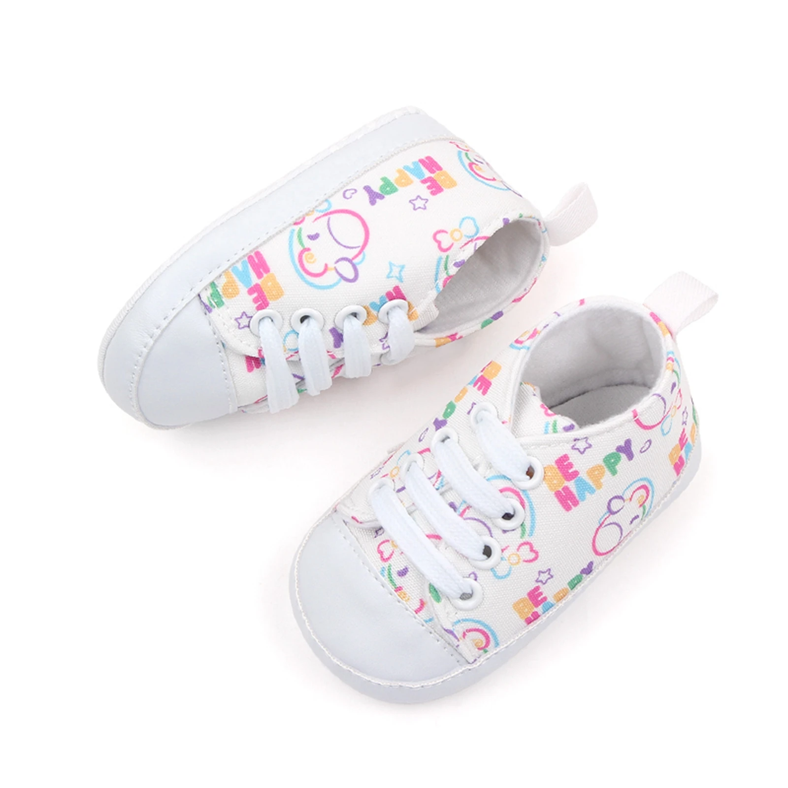 BeQeuewll Baby Boys Girls Crib Shoes Cartoon Print Tie-Up Sneakers Non-Slip Infant First Walkers For 0-18 Months