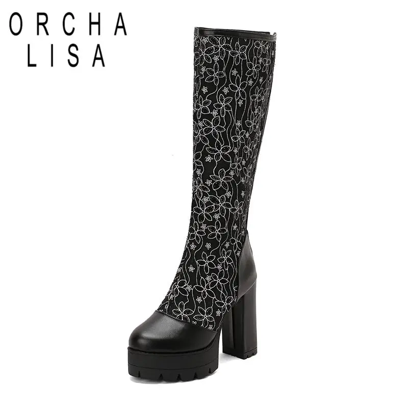

ORCHA LISA 2025 New Design Women Knee High Boots Round Toe Block Heels 12cm Platform 4cm Zipper Mixed Color 48 49 50 Dating Bota