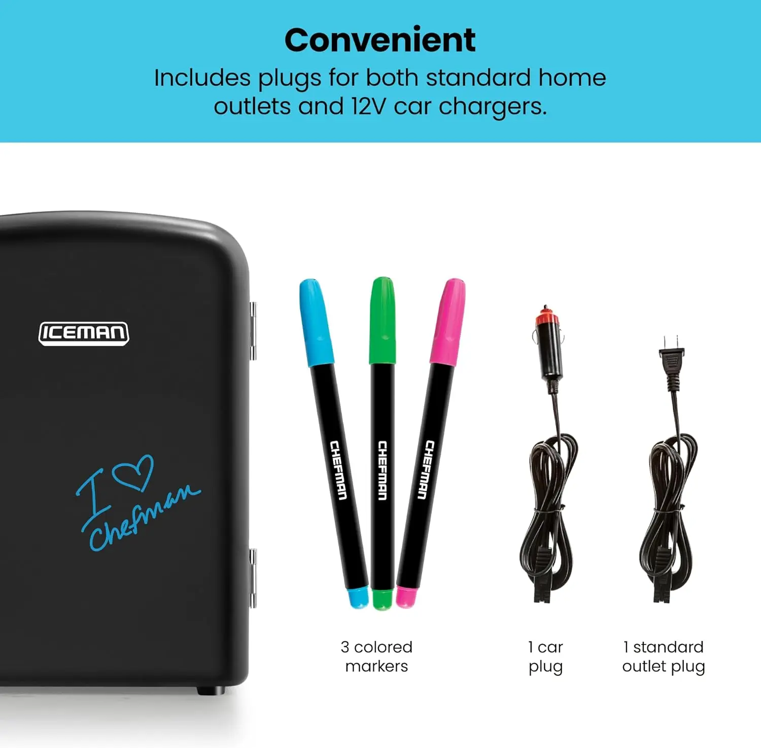 Compact Mini Personal Fridge, 4 Liter Capacity, Cools & Heats, Holds 6 x 12oz Cans, Freon-Free & Eco-Friendly, Includes AC Adapter & 12V Car Charger, Black Dry Erase Surface - view 5