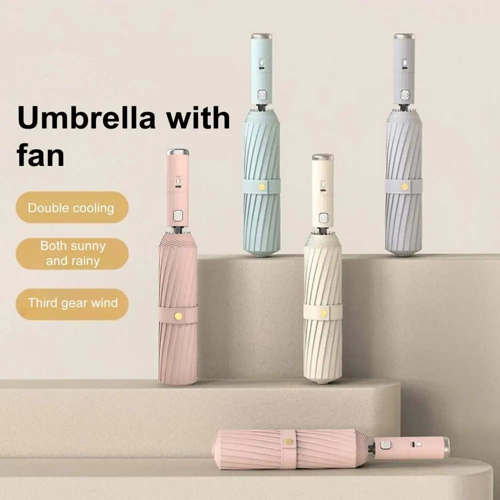 Sun Umbrella with Fan 3 Levels Adjustable USB Rechargeable UV Blocking Umbrella Foldable Automatic Sun Rain Umbrella