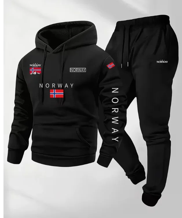 Conjunto de 2 piezas: sudadera con capucha y pantalón de chándal con cordón ajustable y diseño de letras noruegas de dibujos animados
