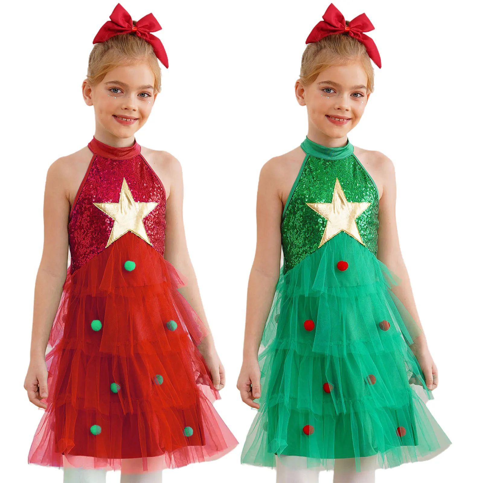 Kids Girls Sequins Christmas Costume Sleeveless Pompoms Tiered Mesh Tutu Dress New Year Festival Xmas Party Skating Dance Dress