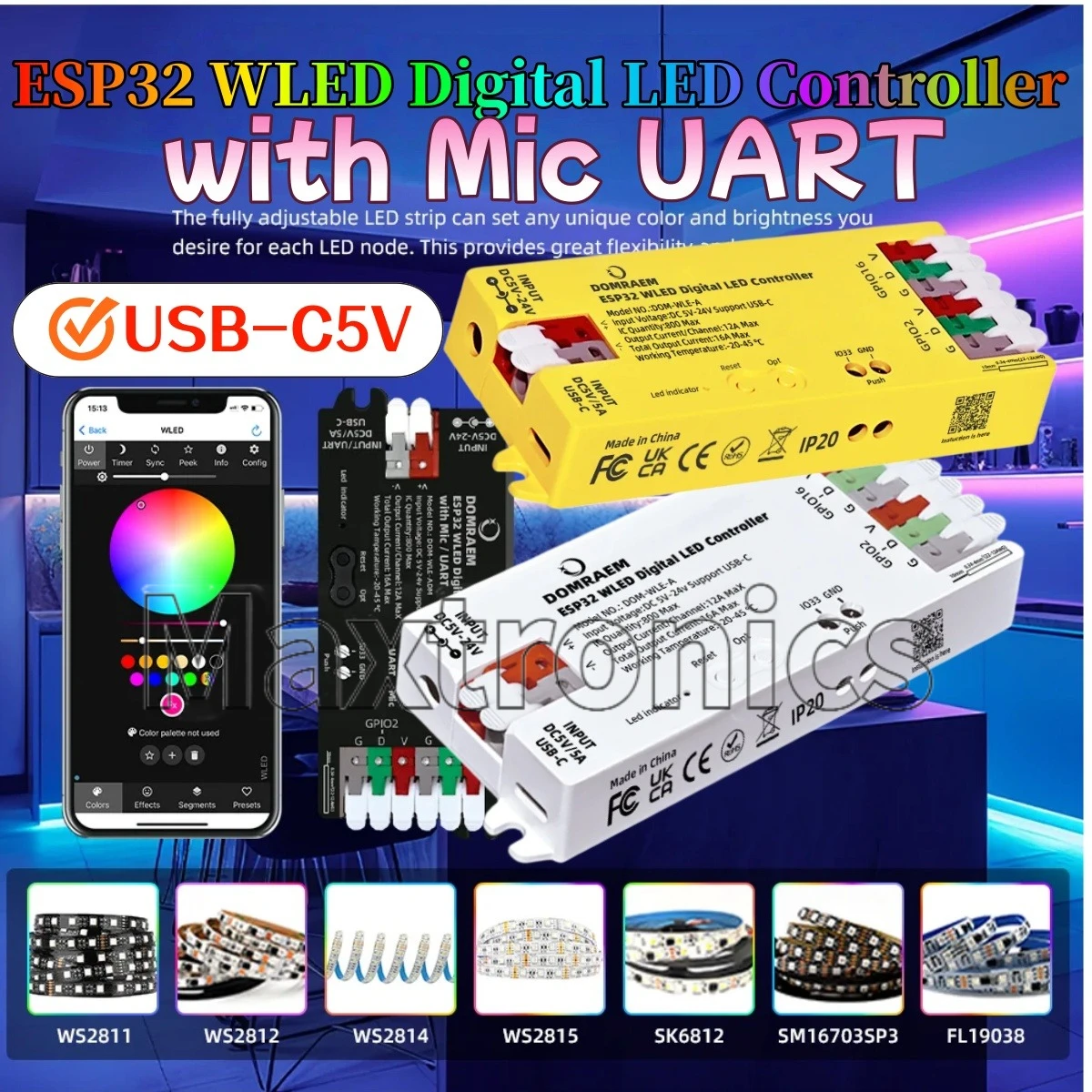 ESP32 WLED MIC&UART LED Controller DC5‑24V Input with USB‑C, Ultra‑Low 0.5W Standby 16A Driver for WS281x Series LED Strips DIY